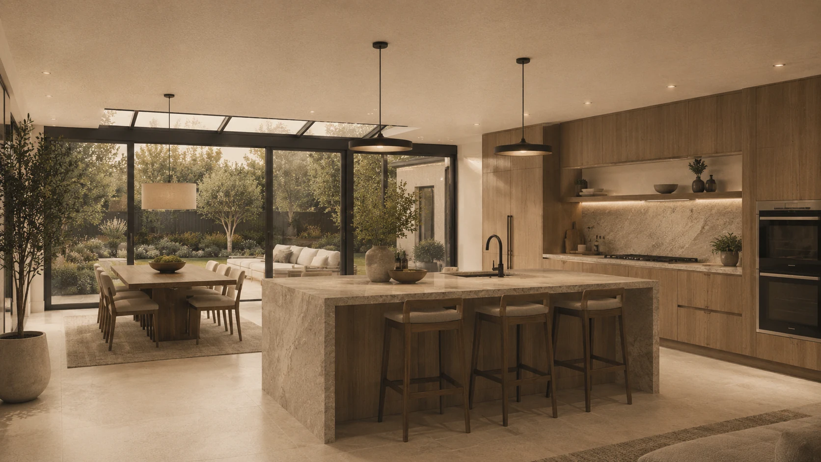 Kitchen extensions are planned around circulation, island clearances, dining and direct connection to the outdoor space.