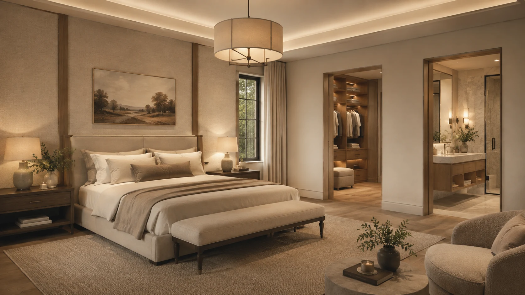 A premium primary suite addition combines comfort, privacy, storage and a calm visual atmosphere.